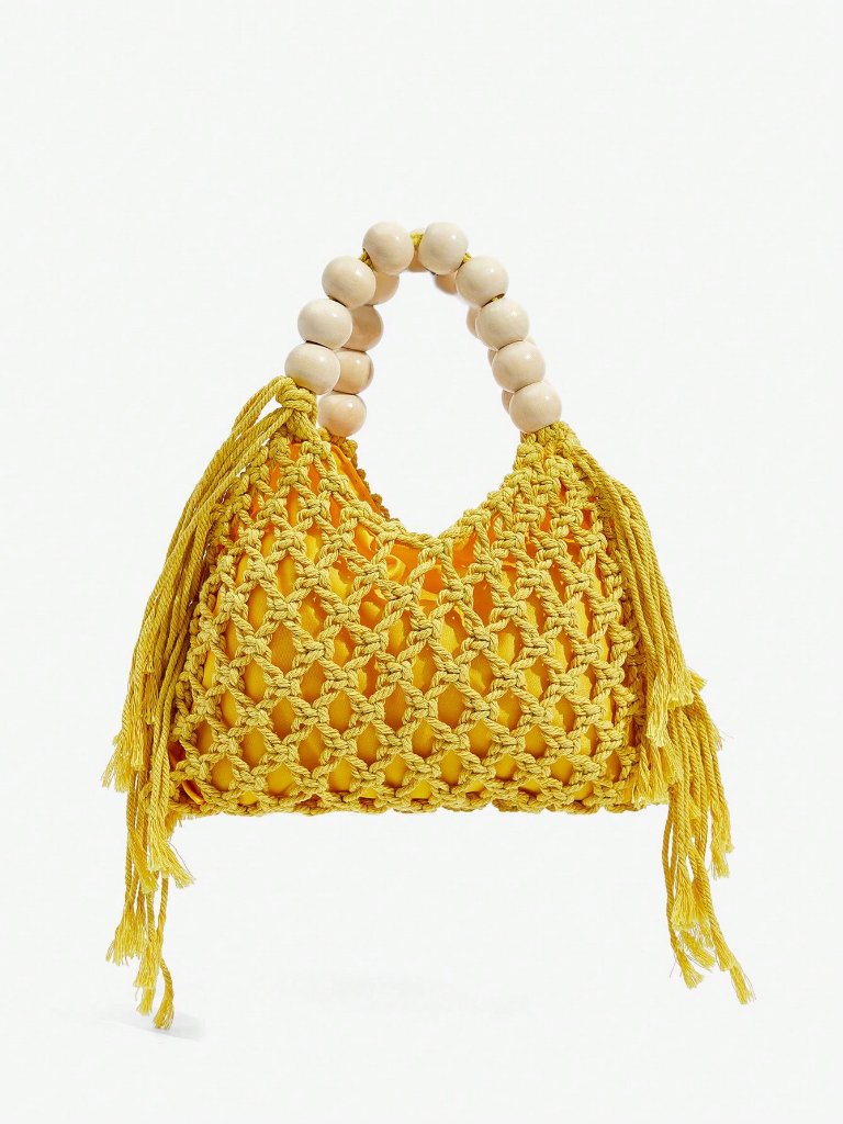 Yellow Vacation Women's Woven Crochet Wood Bead Tote Handbag